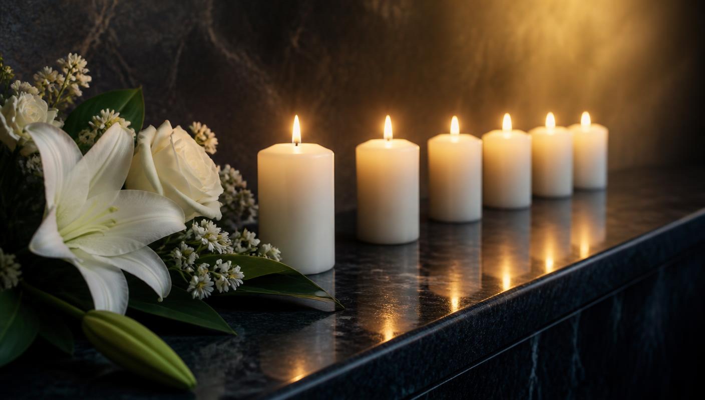 Velas blancas y flores blancas dispuestas sobre piedra oscura como recuerdo a las víctimas.