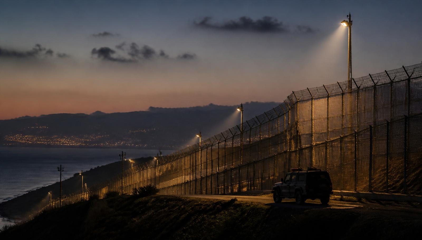 Perímetro fronterizo de Ceuta al anochecer: triple valla metálica iluminada por torres de luz, vehículo de patrulla en la pista de servicio y las colinas del lado marroquí sobre el mar.