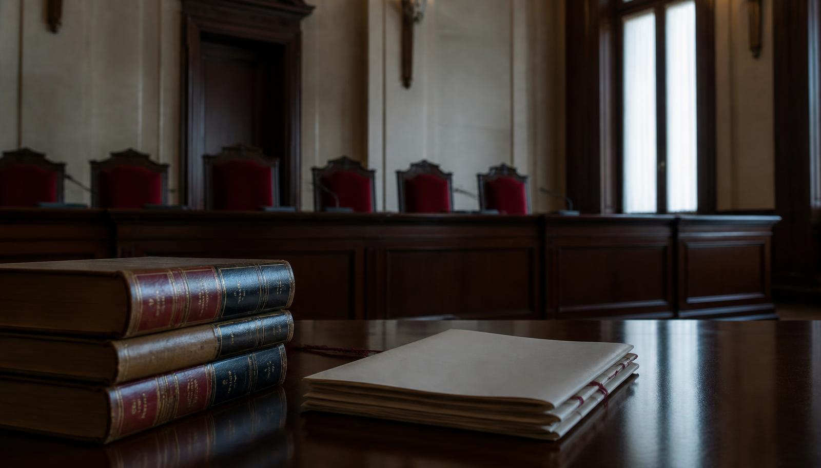 Sala de vistas institucional vacía con volúmenes jurídicos y un dictamen doblado sobre la mesa, ilustrando el peso de la decisión judicial en el régimen de frontera.